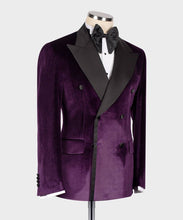 Men PURPLE VELVET BLACK DOUBLE BREASTED