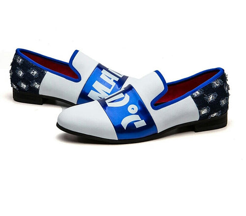 Men White Blue Loafers