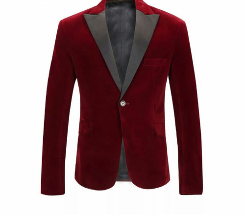 Men burgundy Velvet Lapel Blazer