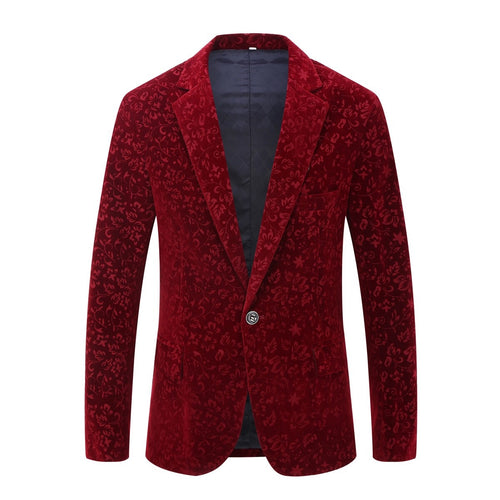 Men Wine Red Burgundy Velvet Floral Blazer