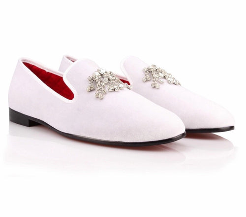 Men White Velvet  Rhinestones Loafers