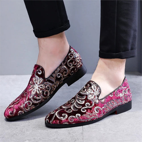 Men Burgundy Embroidery Loafers