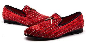 Men Stripe Red Crystal Loafers