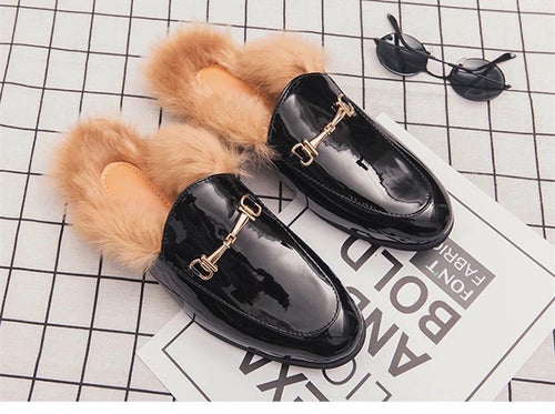 Men Black Fur Leather Buckle Slippers