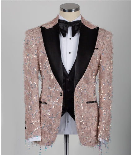 Men's Black Velvet Sequin Pink Tuxedo