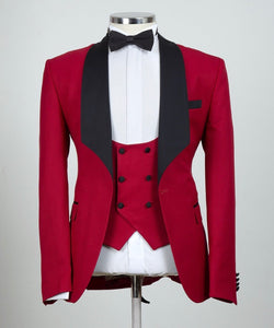 Men’s Black Lapel Red Tuxedo + Vest + Pants
