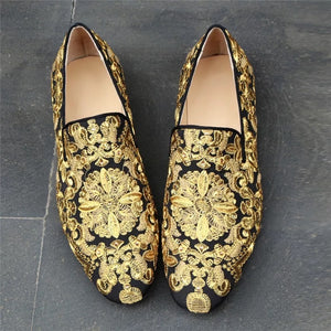 Men’s Gold Black Embroidery Loafers