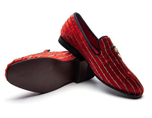 Men Stripe Red Crystal Loafers