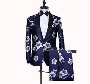 Men's Blue 2 Pieces Lapel Floral Print Tuxedo