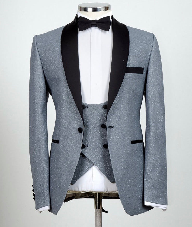 Men’s Black Lapel Gray Tuxedo + Vest + Pants