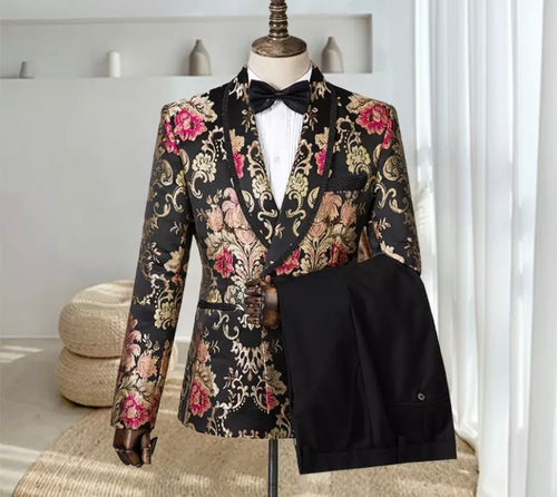 Men Black Gold Tuxedos Suit + Pants