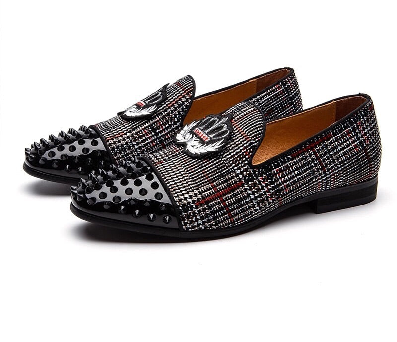 Men Gray Spikes Rhinestones Loafers