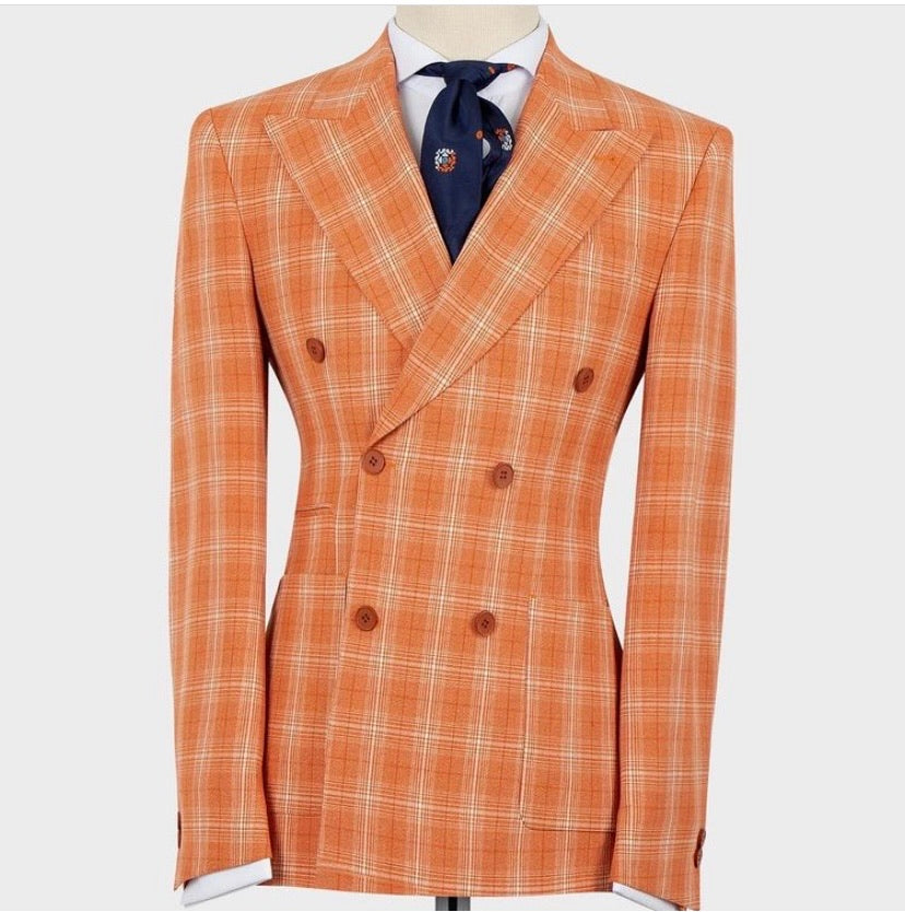Men’s Plaid double-breasted Orange  2pc Suit