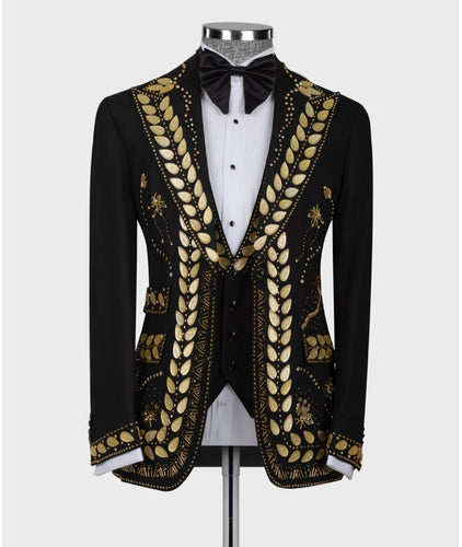 Men's Gold Embroidered Black Tuxedo