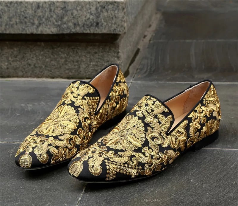 Men’s Gold Black Embroidery Loafers