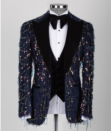 Men's Black Velvet Sequin Purple Tuxedo