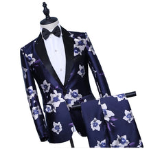 Men's Blue 2 Pieces Lapel Floral Print Tuxedo