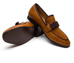 Men Leather Bow Tie Brown Loafers