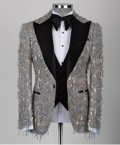 Men's Black Velvet Sequin Gray Tuxedo