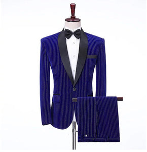 Men’s 3 Piece Royal Blue Velvet Strip Suit