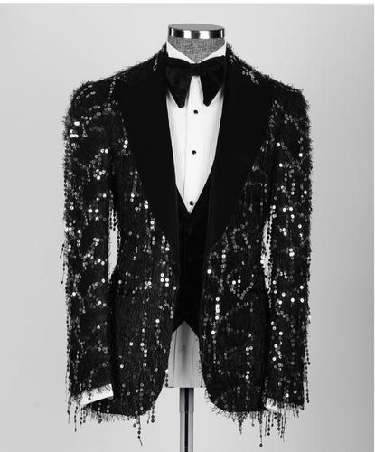 Men’s Black Velvet Sequin Sliver Tuxedo