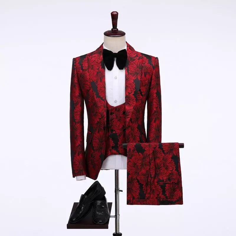 Men 3 Piece Red Floral Suit