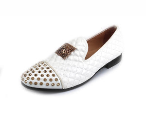 Men’s Gold Buckle White Leather Loafers