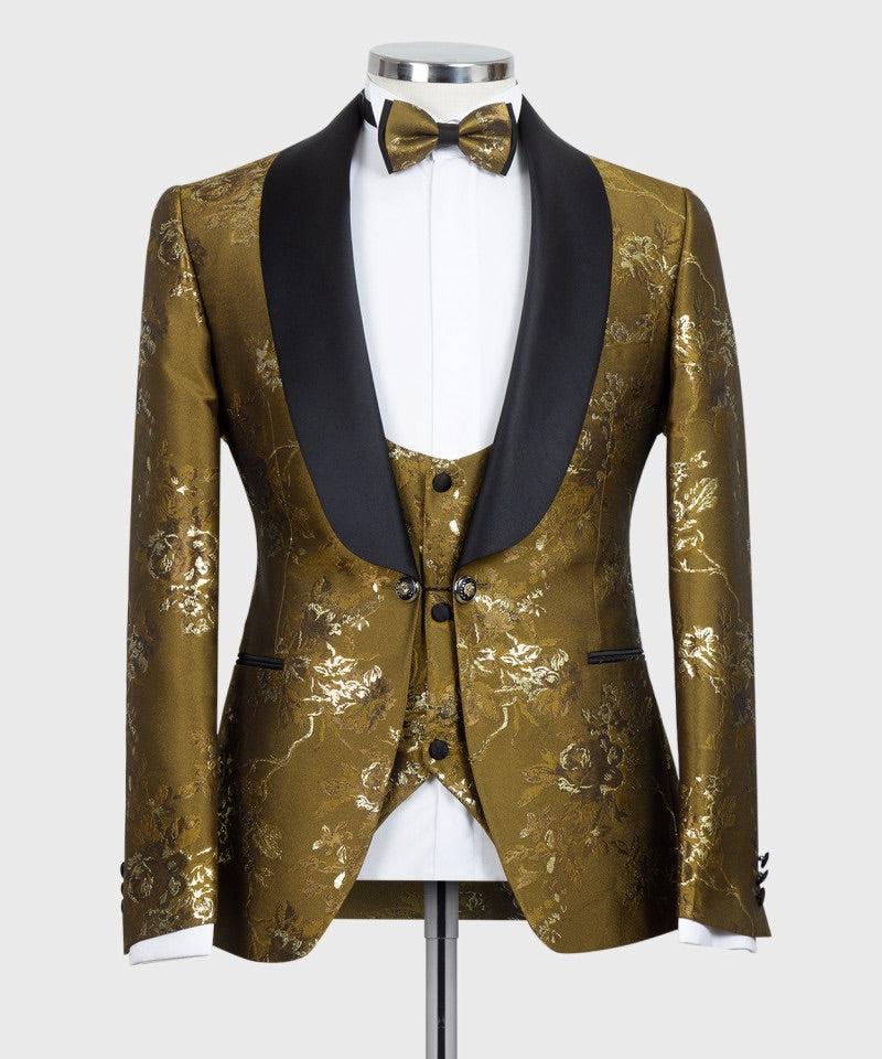 Men’s Gold Print Tuxedo + Vest + Pants