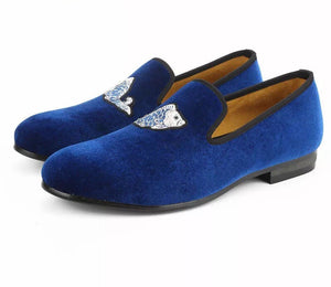 Men Blue Velvet Embroidered Loafers