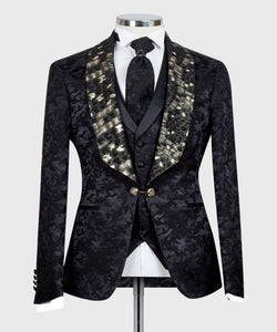 Men’s Black Print Tuxedo + Vest + Pants
