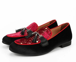 Men Black and Red Velvet Tassel Loafers